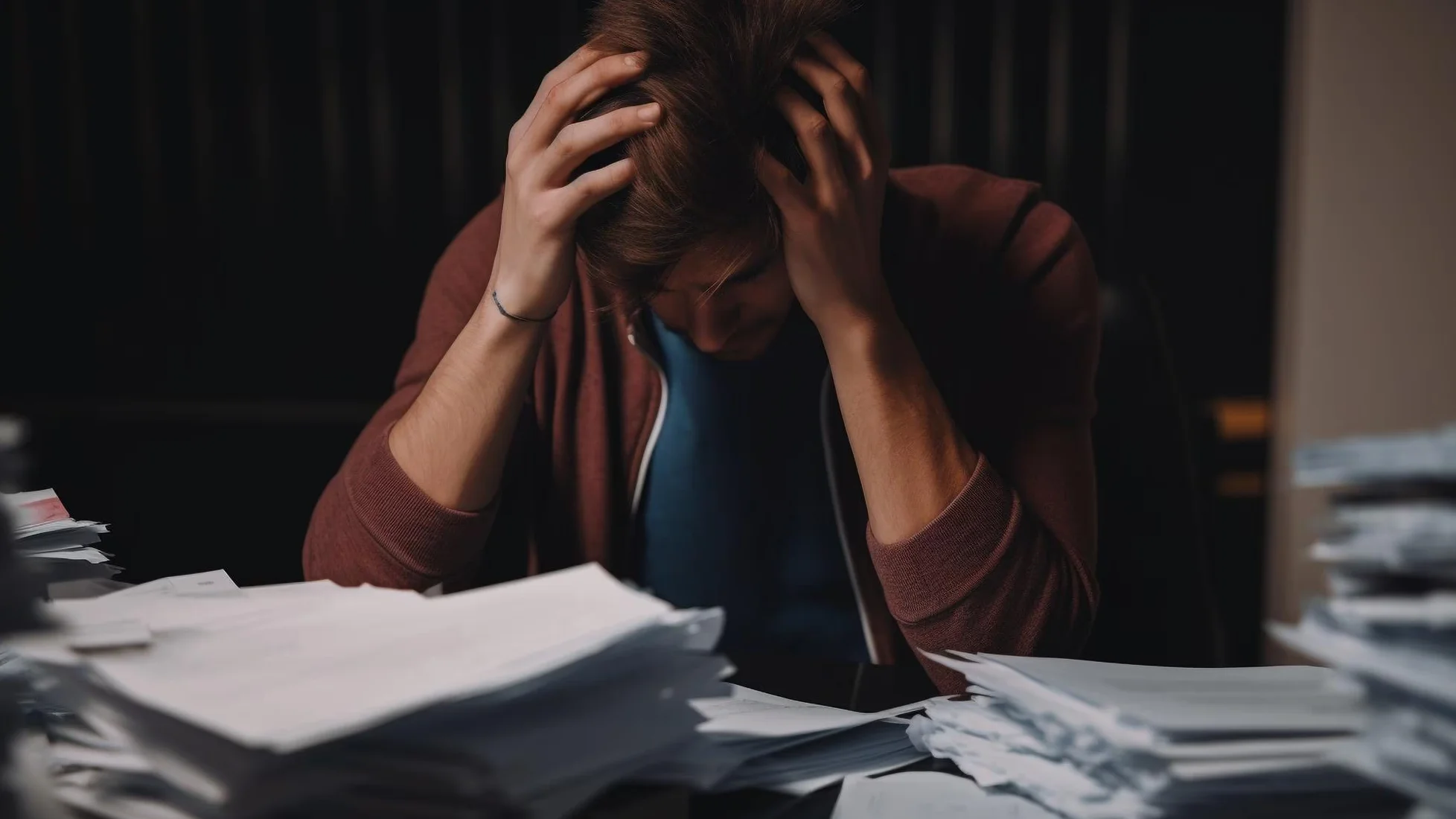 Overworked businessman sitting at desk feeling despair
